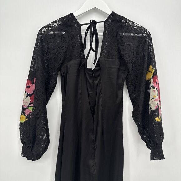 Topshop Black Satin Long Midi Dress Floral Embroidery Size 2 Formal - Picture 9 of 12